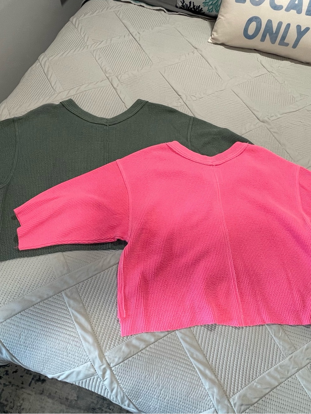aerie Cropped Waffle Sweatshirts in Hot Pink and Olive Green